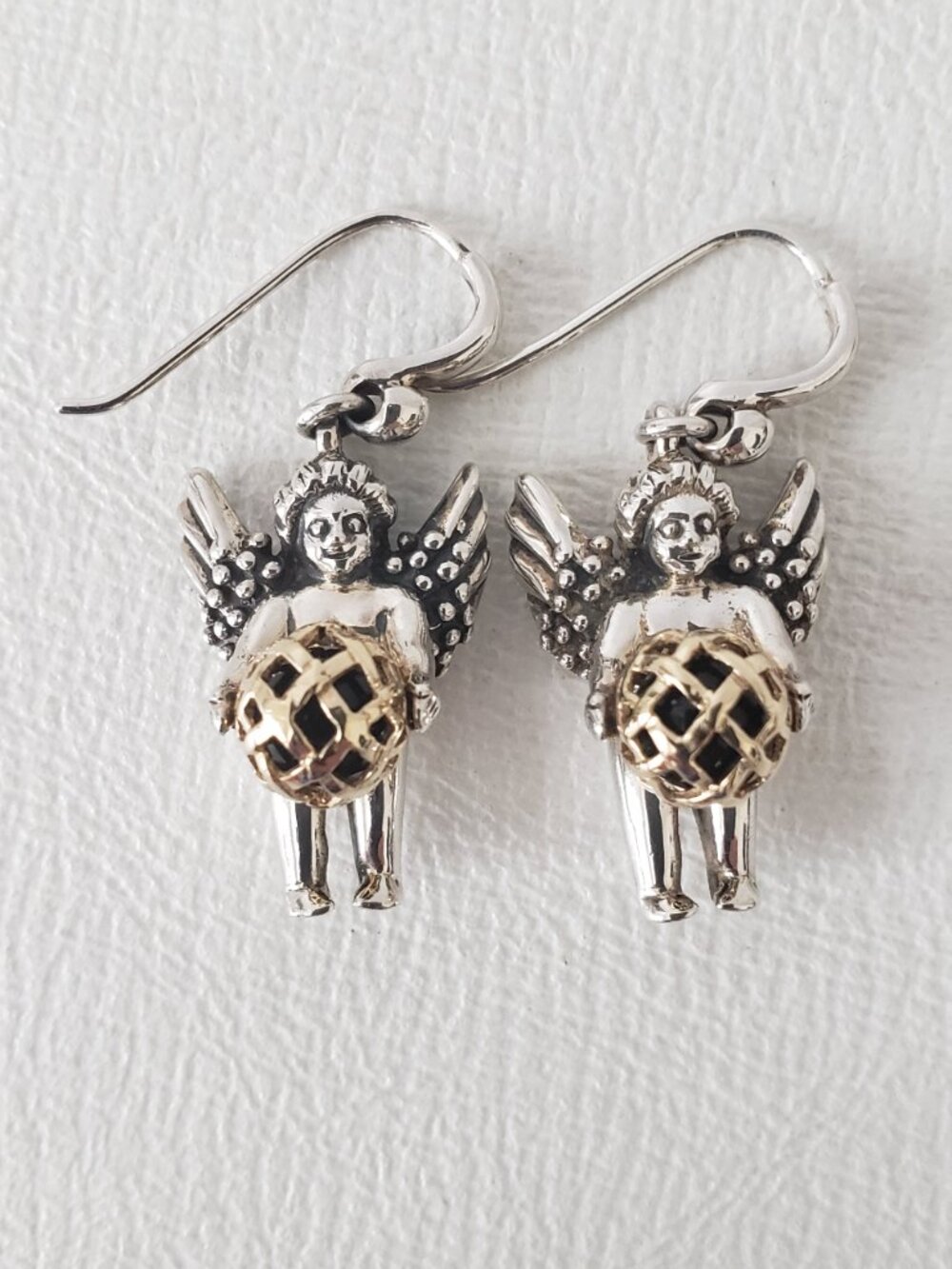 Barry Kieselstein Cord Vintage 14K Gold & Silver Cherub Orb Dangle Earrings